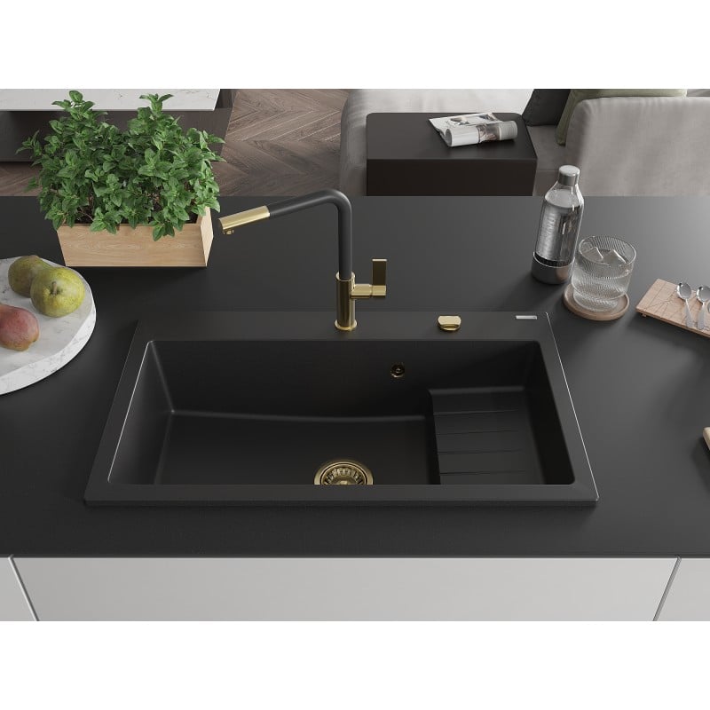 Mexen Omar fregadero de granito 1-cubeta 800 x 480 mm, negro, sifón dorado - 6520801005-77-G