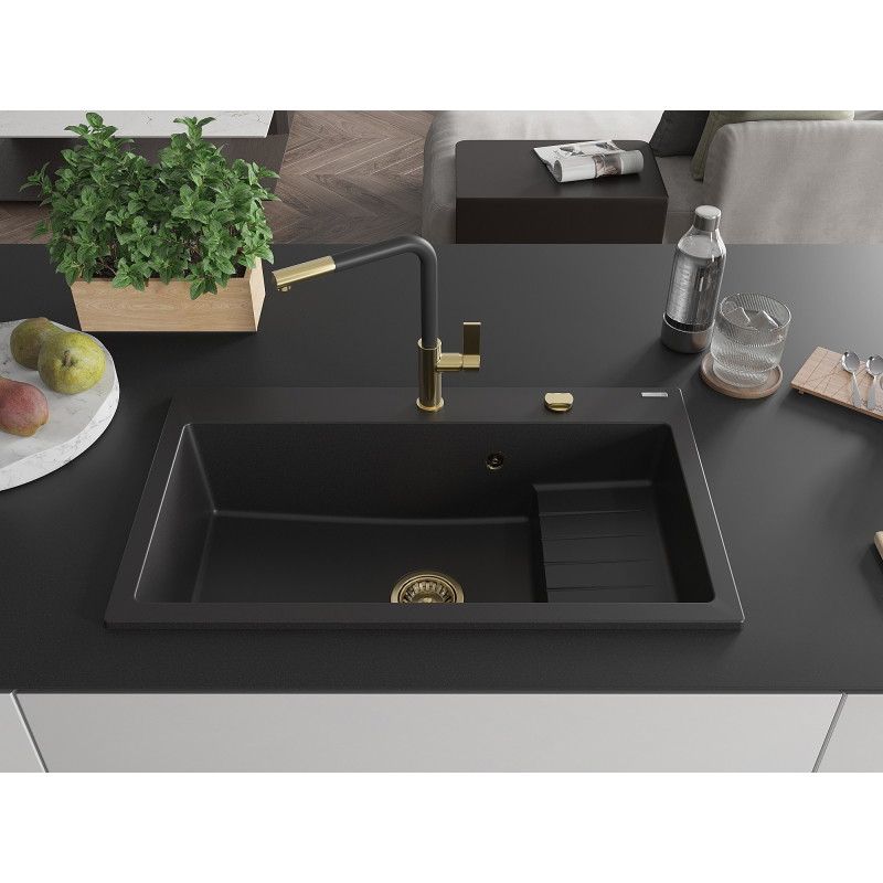 Mexen Omar granitni sudoper s jednom komorom 800 x 480 mm, crni, zlatni sifon - 6520801005-77-G
