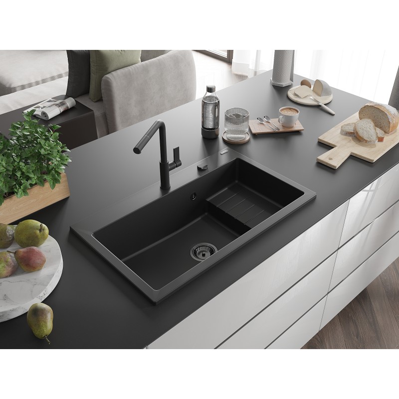 Mexen Omar zlewozmywak granitowy 1-komorowy 800 x 480 mm, czarny, syfon czarny - 6520801005-77-B