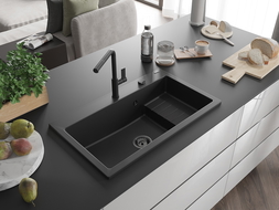 Mexen Omar lava-louça de granito de 1 cuba 800 x 480 mm, preto, sifão preto - 6520801005-77-B