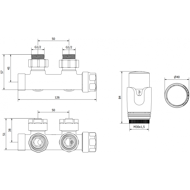 Mexen G00 ensemble thermostatique coudé, Duplex, DN50, chromé - W907-900-01