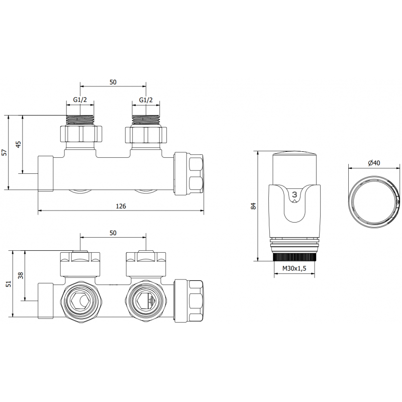 Mexen G00 Σετ θερμοστατικής γωνιακής βαλβίδας, Duplex, DN50, ανθρακί - W907-900-66