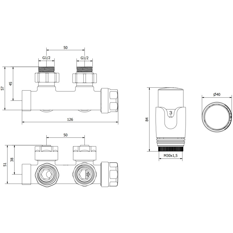 Mexen G00 termostaatiline nurgakomplekt, Duplex, DN50, must - W907-900-70