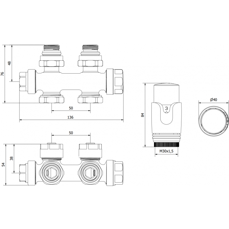 Mexen G00 termostaattisarja kulma/suora, Duplex, DN50, kromi - W908-900-01