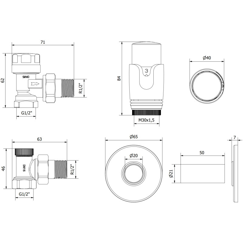 Mexen G00 kutni termostatski set s maskom R, bijeli - W901-900-904-20