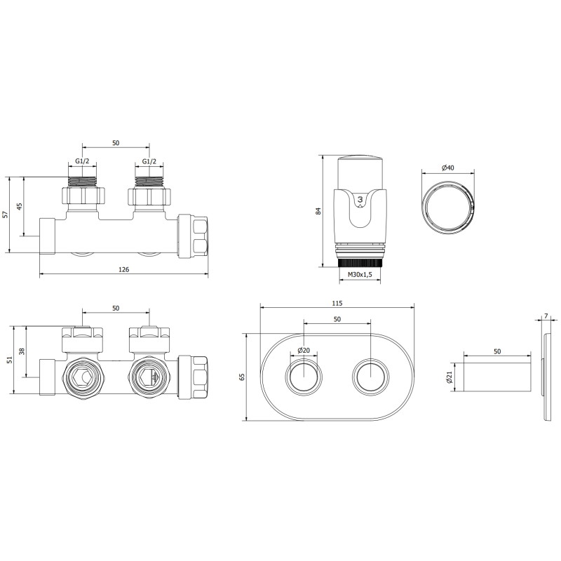 Mexen G00 termostaatiline nurgakomplekt koos katte R, Duplex, DN50, valge - W907-900-905-20