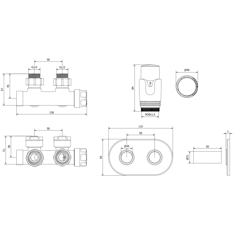 Mexen G00 angular thermostatic set with cover R, Duplex, DN50, gold - W907-900-905-50