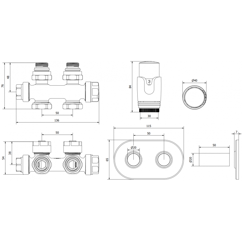 Mexen G00 termostatsats vinkelrät/rak med R, Duplex, DN50, svart täckplatta - W908-900-905-70