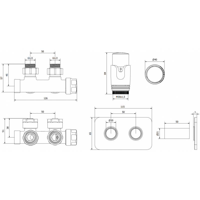Mexen G00 set termostatico angolare con mascherina S, Duplex, DN50, bianco - W907-900-910-20