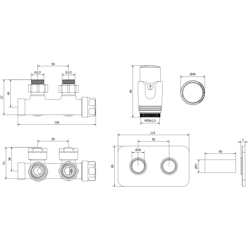 Mexen G00 kutni termostatski set s maskom S, Duplex, DN50, antracit - W907-900-910-66