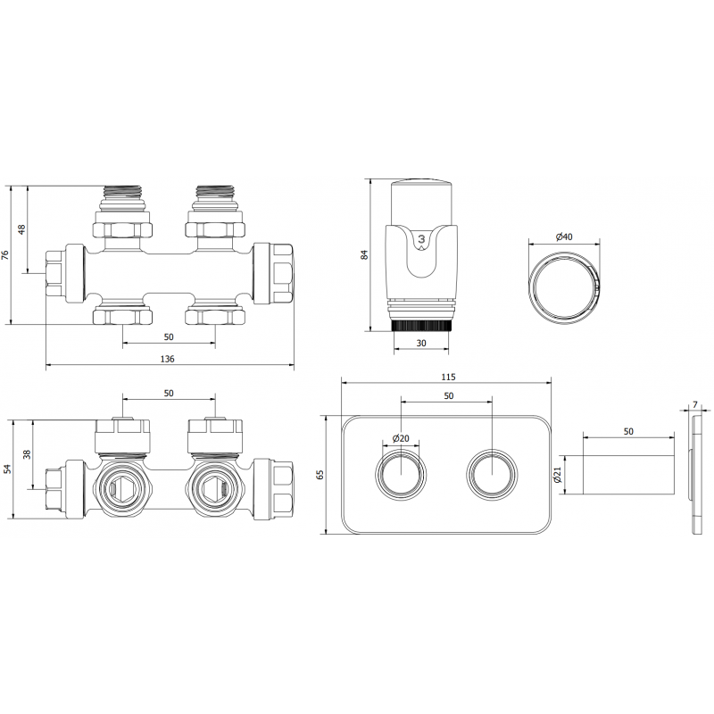 Mexen G00 termostatset vinkel/rak med kåpa S, Duplex, DN50, vit - W908-900-910-20