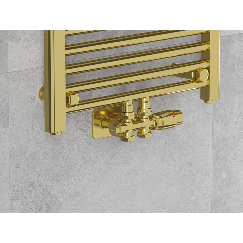 Mexen G00 zestaw termostatyczny kątowy/prosty z maskownicą S, Duplex, DN50, złoty - W908-900-910-50