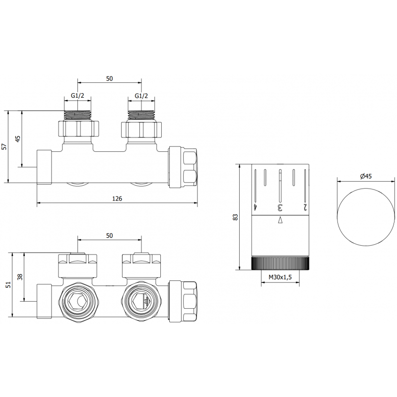 Mexen G05 ensemble thermostatique angulaire, Duplex, DN50, doré - W907-958-50