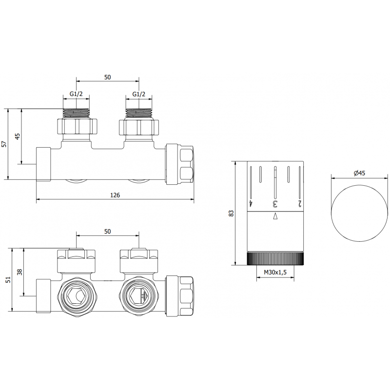 Mexen G05 ensemble thermostatique angulaire, Duplex, DN50, anthracite - W907-958-66