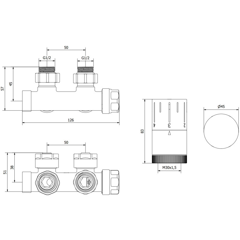Mexen G05 zestaw termostatyczny kątowy, Duplex, DN50, antracyt - W907-958-66