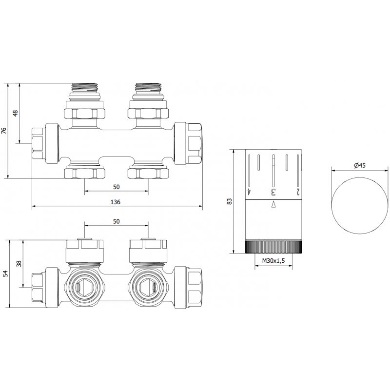 Mexen G05 ensemble thermostatique angle/droit, Duplex, DN50, anthracite - W908-958-66