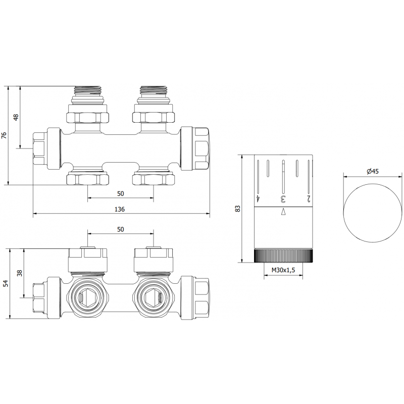 Mexen G05 termostatset vinkelrakt/rakt, Duplex, DN50, antracit - W908-958-66