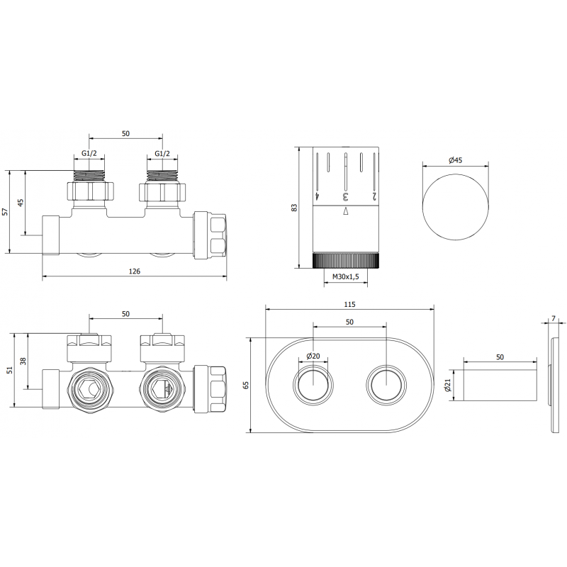 Mexen G05 vinklad termostatset med R-täckplatta, Duplex, DN50, guld - W907-958-905-50