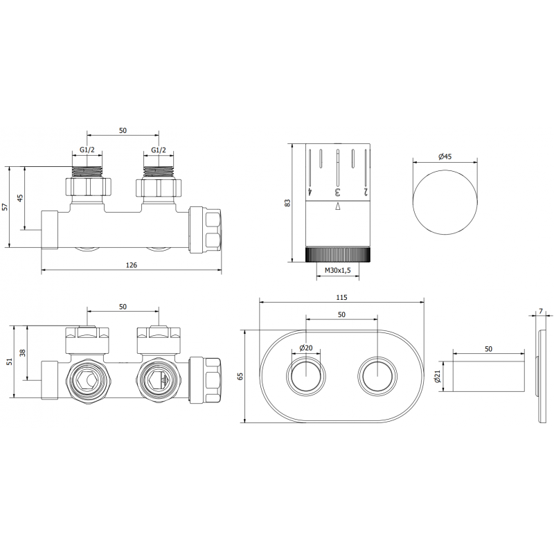 Mexen G05 kotni termostatski set z rozeto R, Duplex, DN50, antracit - W907-958-905-66