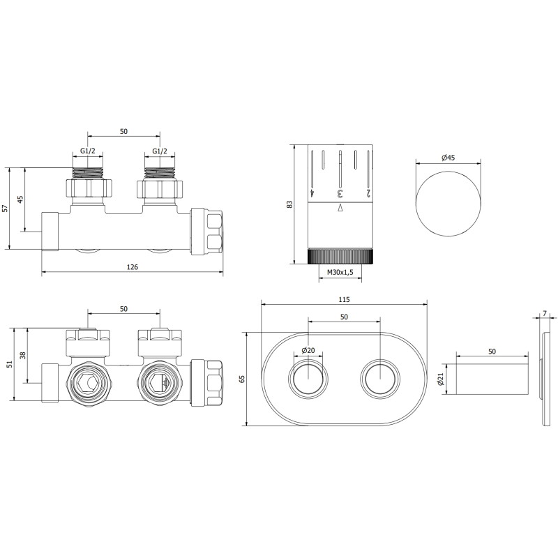 Mexen G05 zestaw termostatyczny kątowy z maskownicą R, Duplex, DN50, czarny - W907-958-905-70