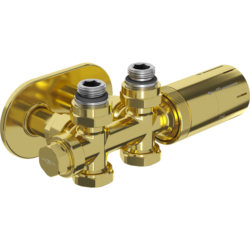 Mexen G05 termostatuppställning vinkel/rak med täckbricka R, Duplex, DN50, guld - W908-958-905-50