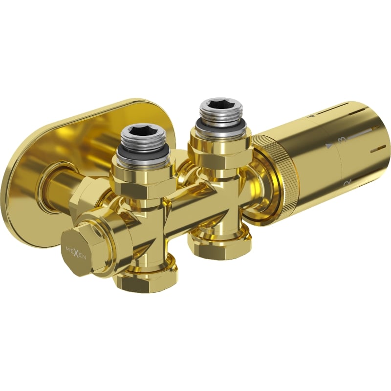 Mexen G05 zestaw termostatyczny kątowy/prosty z maskownicą R, Duplex, DN50, złoty - W908-958-905-50
