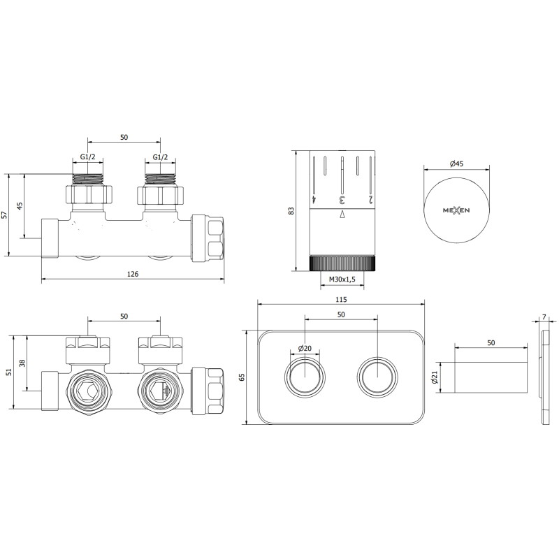 Mexen G05 kutni termostatski set s maskom S, Duplex, DN50, krom - W907-958-910-01