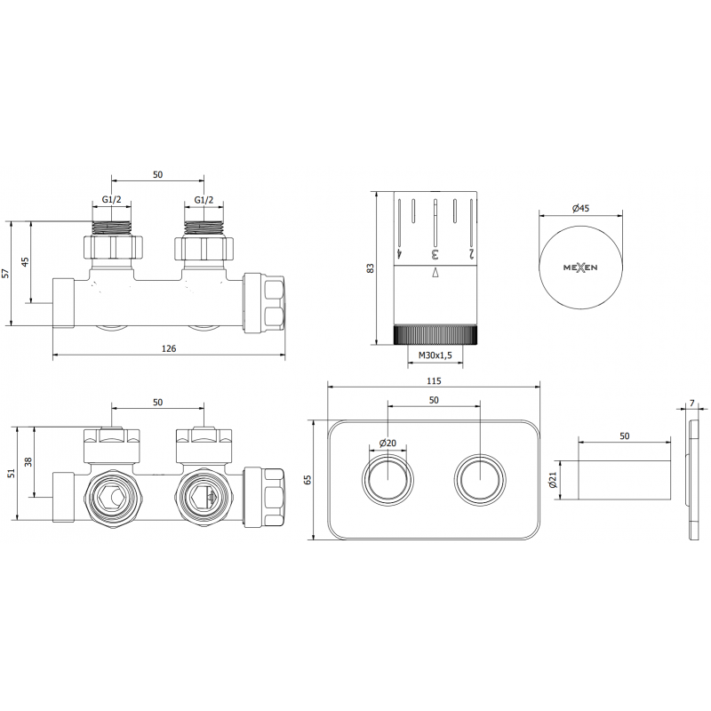 Mexen G05 zestaw termostatyczny kątowy z maskownicą S, Duplex, DN50, chrom - W907-958-910-01