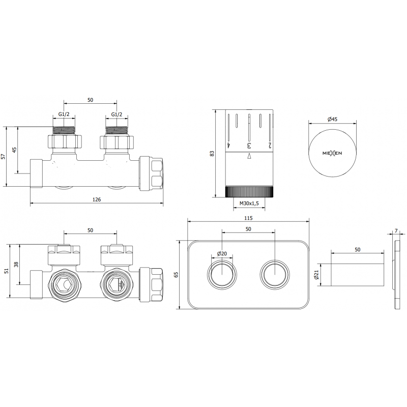 Mexen G05 angled thermostatic set with decorative cover S, Duplex, DN50, white - W907-958-910-20