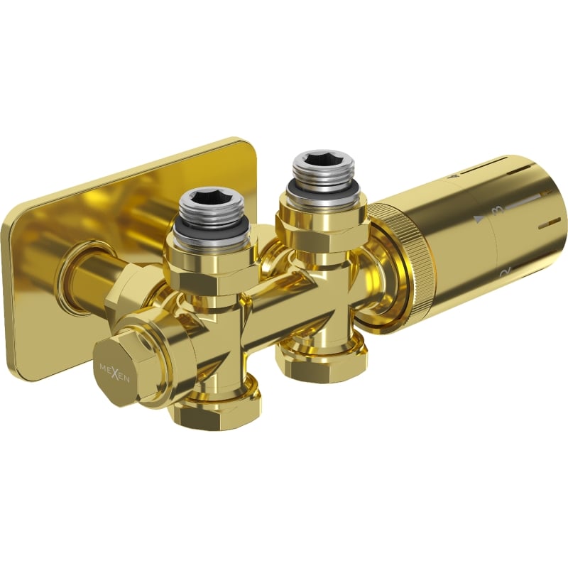 Mexen G05 zestaw termostatyczny kątowy/prosty z maskownicą S, Duplex, DN50, złoty - W908-958-910-50