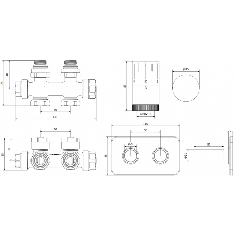 Mexen G05 vinklad/rak termostatset med S-täckskiva, Duplex, DN50, antracit - W908-958-910-66