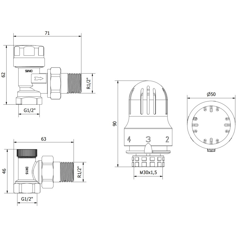 Mexen G04 kutni termostatski set, nikal - W913-012-948-01