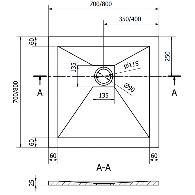 Mexen Stone+ fyrkantig kompositdusch 80 x 80 cm, vit, vit täckplåt - 44108080-W