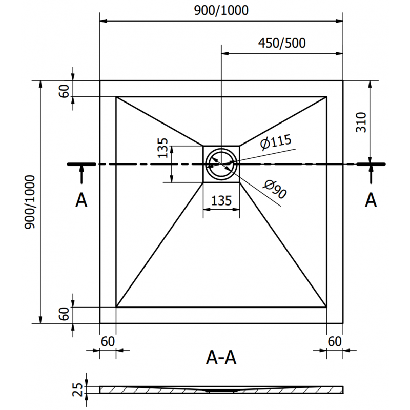 Mexen Stone+ quadratische Duschwanne aus Verbundwerkstoff 90 x 90 cm, weiß, weiße Abdeckung - 44109090-W
