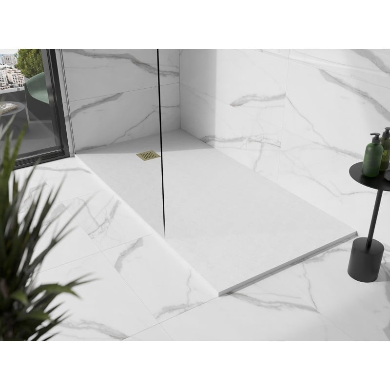 Mexen Stone+ brodzik kompozytowy prostokątny 160 x 80 cm, biały, maskownica złota - 44108016-G
