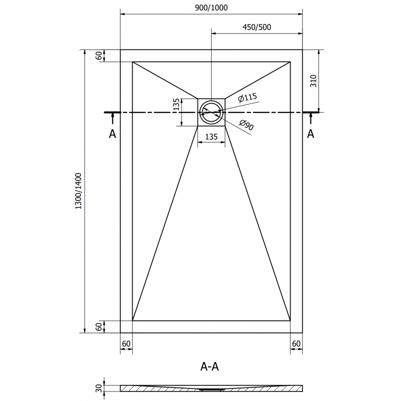 Mexen Stone+ rechthoekige composiet douchebak 130 x 90 cm, wit, zwarte afdekking - 44109013-B