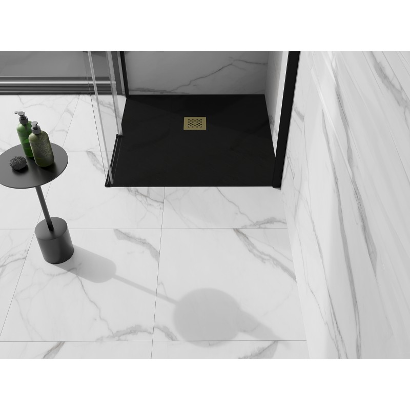 Mexen Stone+ brodzik kompozytowy kwadratowy 70 x 70 cm, czarny, maskownica złota - 44707070-G