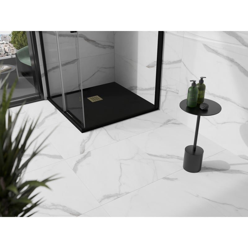 Mexen Stone+ brodzik kompozytowy kwadratowy 90 x 90 cm, czarny, maskownica złota - 44709090-G