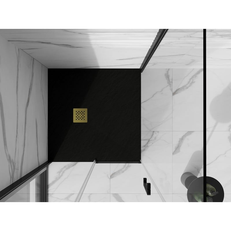 Mexen Stone+ brodzik kompozytowy kwadratowy 90 x 90 cm, czarny, maskownica złota - 44709090-G