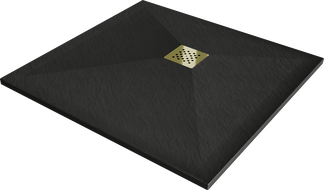 Mexen Stone+ brodzik kompozytowy kwadratowy 90 x 90 cm, czarny, maskownica złota - 44709090-G