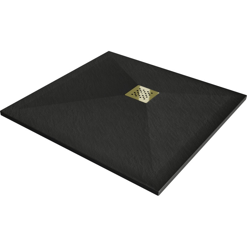 Mexen Stone+ vierkante composiet douchebak 100 x 100 cm, zwart, gouden afdekplaat - 44701010-G