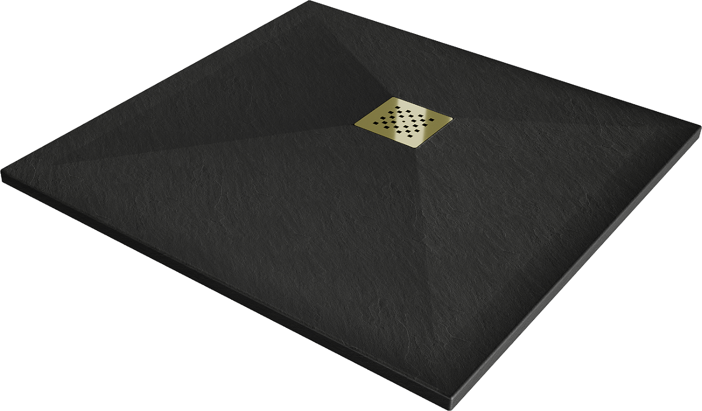 Mexen Stone+ brodzik kompozytowy kwadratowy 100 x 100 cm, czarny, maskownica złota - 44701010-G