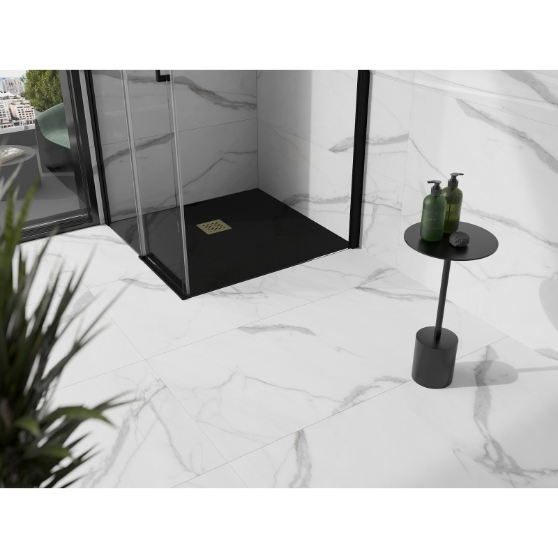 Mexen Stone+ brodzik kompozytowy kwadratowy 70 x 70 cm, czarny, maskownica złota - 44707070-G