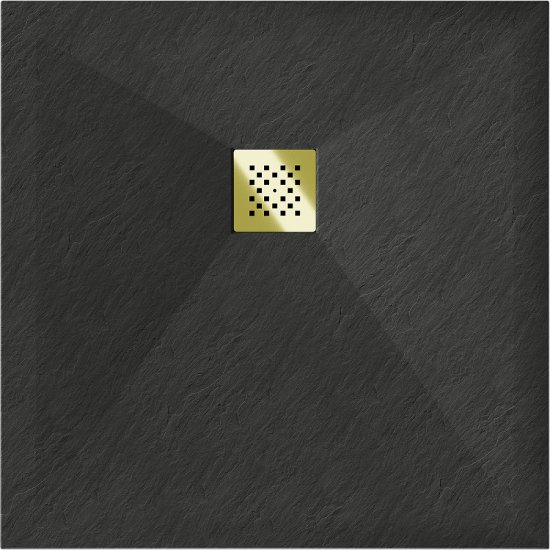 Mexen Stone+ brodzik kompozytowy kwadratowy 90 x 90 cm, czarny, maskownica złota - 44709090-G
