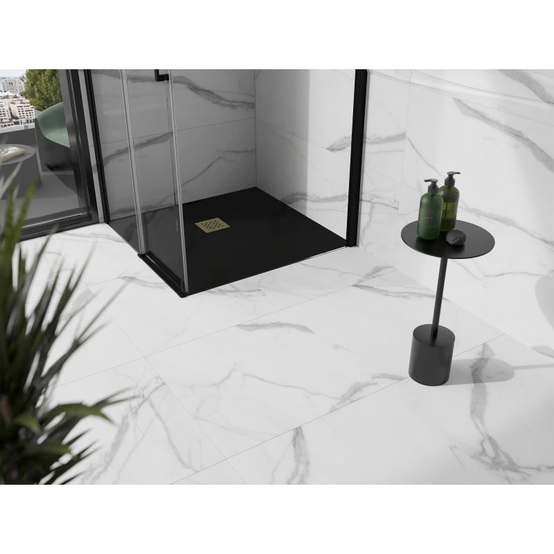 Mexen Stone+ brodzik kompozytowy kwadratowy 100 x 100 cm, czarny, maskownica złota - 44701010-G