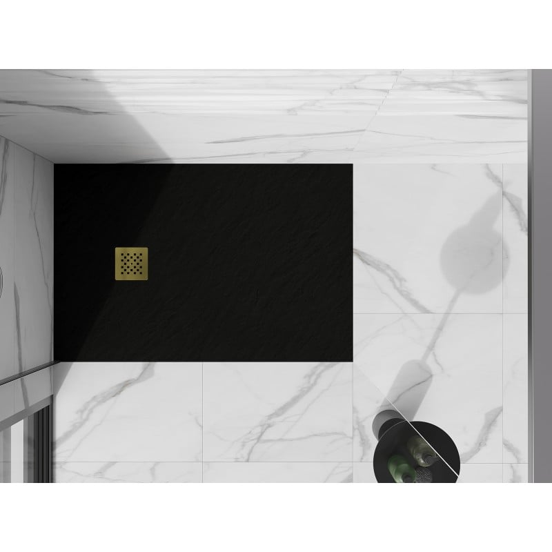 Mexen Stone+ brodzik kompozytowy prostokątny 90 x 70 cm, czarny, maskownica złota - 44707090-G