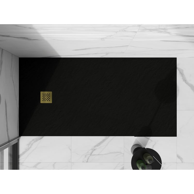 Mexen Stone+ rectangular composite shower tray 160 x 70 cm, black, gold cover - 44707016-G