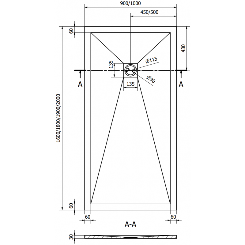 Mexen Stone+ brodzik kompozytowy prostokątny 180 x 90 cm, czarny, maskownica czarna - 44709018-B