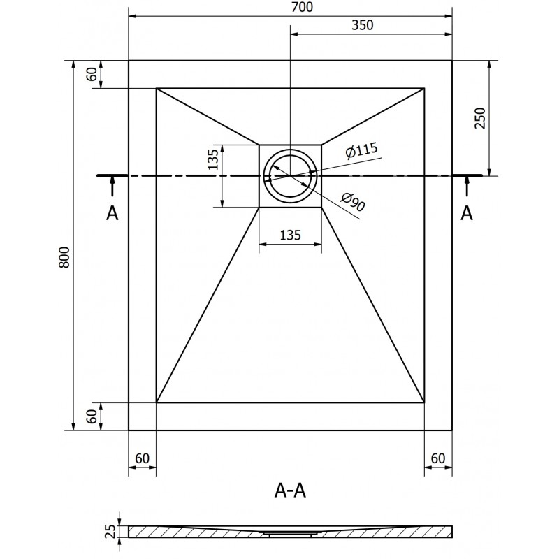 Mexen Stone+ rechtekteger Kompositduschstabbleck 80 x 70 cm, schwaarz, Ofdeckung schwaarz - 44707080-B