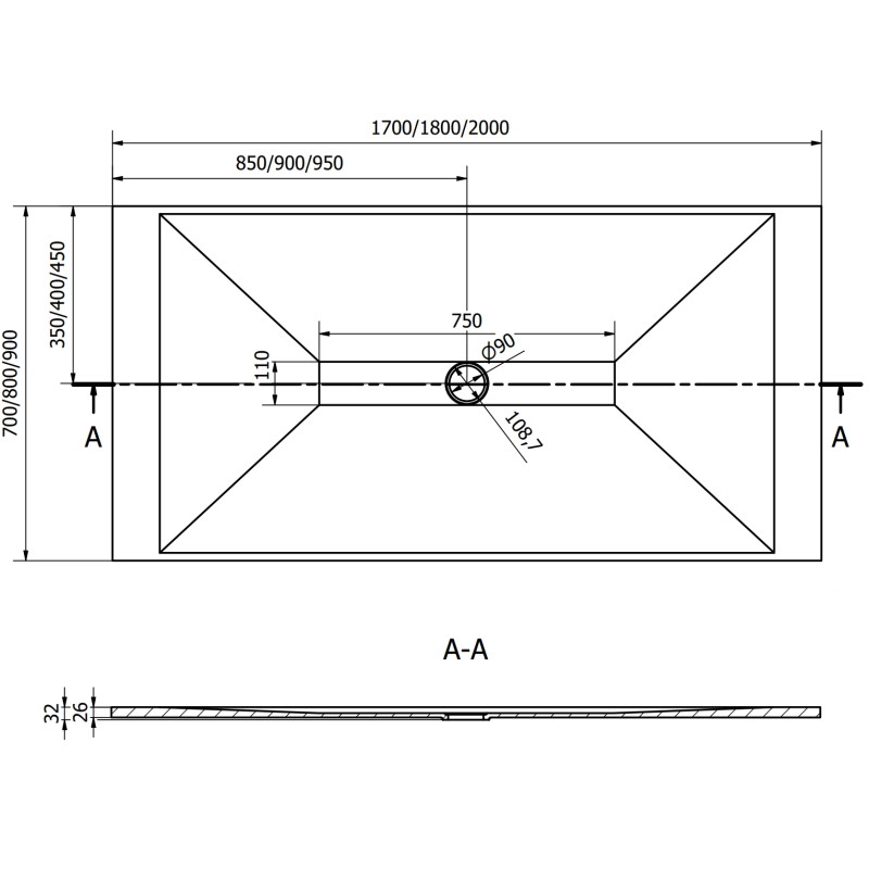 Mexen Toro ristkülikukujuline SMC dušialus 200 x 80 cm, valge, valge kate - 43108020-W